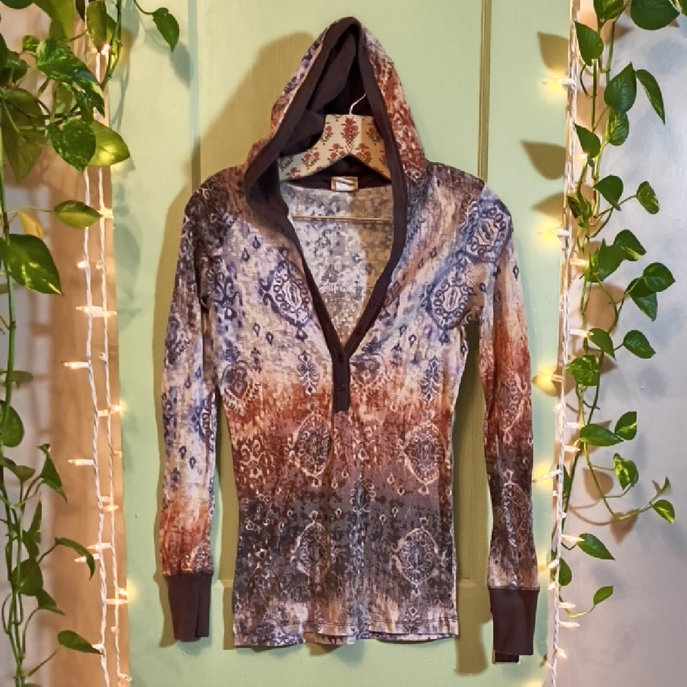 Women's Buckle Day Trip Brown Purple Cream Thermal Hooded Henley M